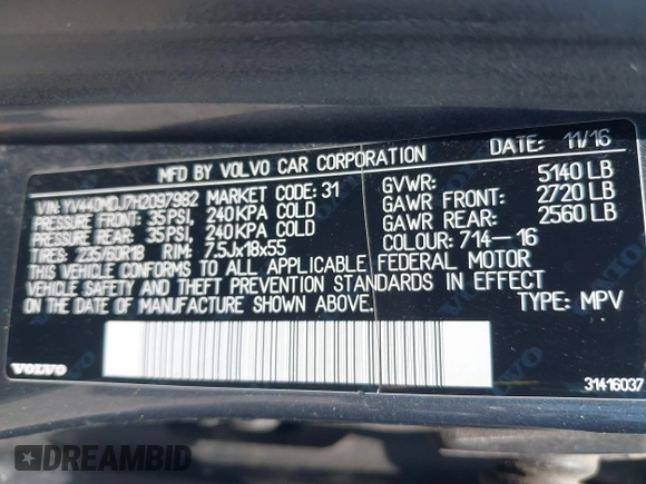 2017 Volvo XC60 with VIN YV440MDJ7H2097982, listed as a IAAI auction lot 42483465 with 252,682 mi miles and . Bid and sale history available at DreamBid. Image 9.