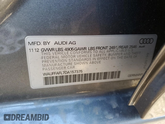 2013 Audi A4 Premium Plus с VIN WAUFFAFL7DA157375, выставлен на аукционе Copart как лот 47896405 с пробегом 105 872 миль миль и Списание • Salvage title. История ставок и продаж доступна на DreamBid. Изображение 12.