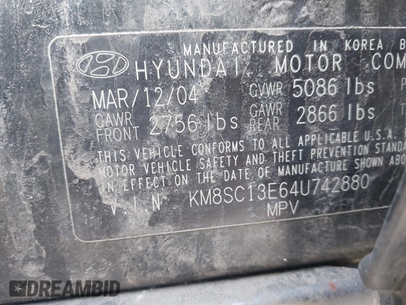 2004 Hyundai Santa Fe GLS with VIN KM8SC13E64U742880, listed as a IAAI auction lot 41764097 with 126,559 mi miles. Bid and sale history available at carsss.com. Image 9.
