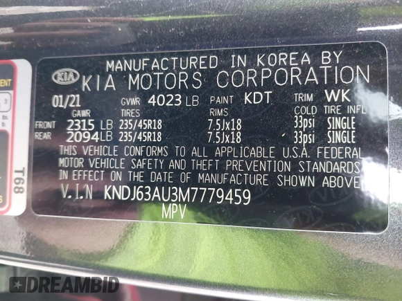 2021 Kia Soul GT-Line with VIN KNDJ63AU3M7779459, listed as a IAAI auction lot 41226734 with 52,118 mi miles and . Bid and sale history available at DreamBid. Image 9.