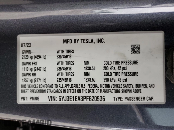 2023 Tesla Model 3 z VIN 5YJ3E1EA3PF620536, wystawiony jako Copart lot #54509885 z przebiegiem 11 483 mil mil oraz Szkoda całkowita • Salvage title. Historia ofert i sprzedaży dostępna na DreamBid. Obrazek 12.