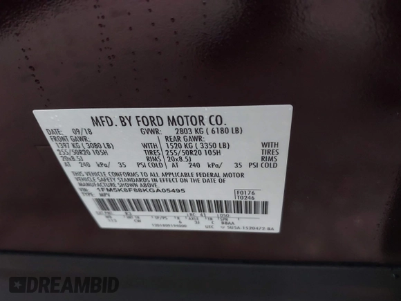 2019 Ford Explorer Limited with VIN 1FM5K8F88KGA05495, listed as a IAAI auction lot 39376371 with 60,451 mi miles. Bid and sale history available at carsss.com. Image 9.