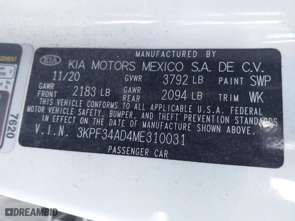 2021 Kia Forte GT-Line with VIN 3KPF34AD4ME310031, listed as a IAAI auction lot 41616860 with 46,809 mi miles. Bid and sale history available at carsss.com. Image 9.