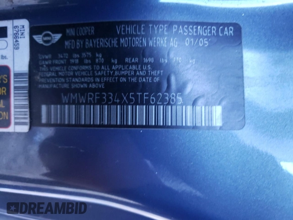 2005 MINI Convertible z VIN WMWRF334X5TF62385, wystawiony jako Copart lot #84635524 z przebiegiem 236 258 mil mil oraz Szkoda całkowita • Salvage title. Historia ofert i sprzedaży dostępna na DreamBid. Obrazek 15.