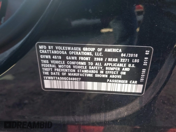 2016 Volkswagen Passat SE with VIN 1VWBT7A30GC049027, listed as a IAAI auction lot 41878460 with 125,261 mi miles and . Bid and sale history available at DreamBid. Image 9.