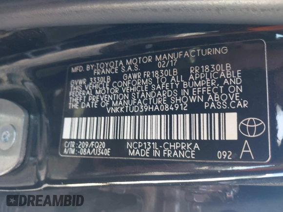 2017 Toyota Yaris L с VIN VNKKTUD39HA084912, выставлен на аукционе IAAI как лот 42323318 с пробегом 87 418 миль миль и . История ставок и продаж доступна на DreamBid. Изображение 9.