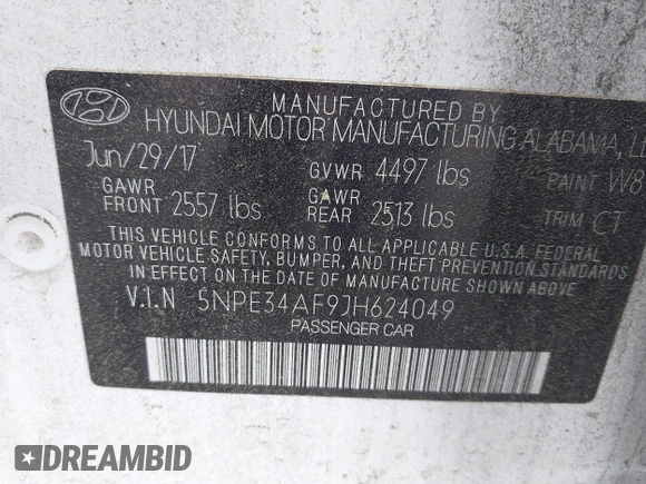2018 Hyundai Sonata Limited with VIN 5NPE34AF9JH624049, listed as a IAAI auction lot 41977082 with 43,040 mi miles. Bid and sale history available at carsss.com. Image 9.