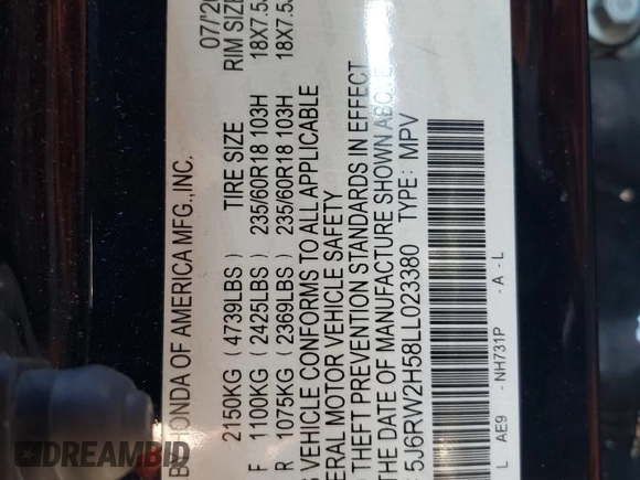 2020 Honda CR-V EX z VIN 5J6RW2H58LL023380, wystawiony jako Copart lot #55643785 z przebiegiem Nie podano mil oraz Szkoda całkowita • Salvage title. Historia ofert i sprzedaży dostępna na DreamBid. Obrazek 12.