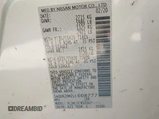 2020 Nissan Pathfinder Platinum with VIN 5N1DR2DM2LC608777, listed as a IAAI auction lot 41707833 with 144,366 mi miles. Bid and sale history available at carsss.com. Image 9.