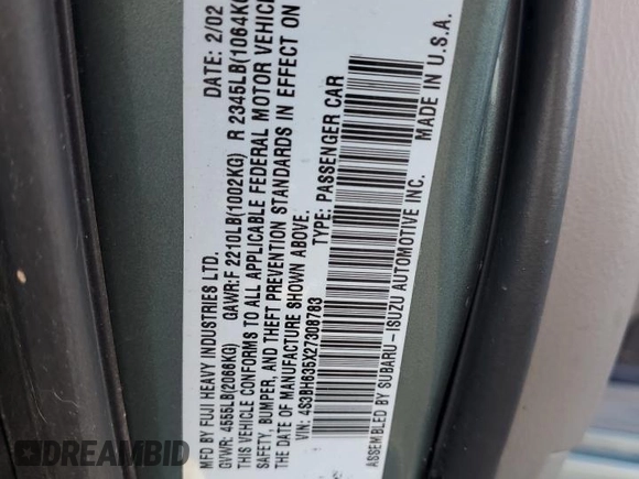 2002 Subaru Legacy L with VIN 4S3BH635X27308783, listed as a Copart auction lot 45737345 with 71,224 mi miles and Salvage title. Bid and sale history available at DreamBid. Image 13.
