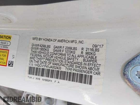 2018 Honda Accord EX with VIN 1HGCV1F41JA002433, listed as a IAAI auction lot 41933913 with 161,666 mi miles and . Bid and sale history available at DreamBid. Image 9.