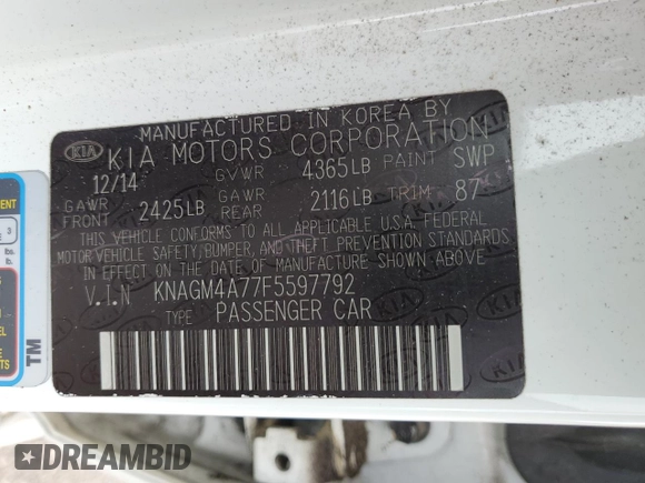 2015 Kia Optima LX with VIN KNAGM4A77F5597792, listed as a Copart auction lot 41701215 with 66,135 mi miles and Salvage Title. Bid and sale history available at carsss.com. Image 14.