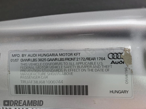 2008 Audi TT 2.0T z VIN TRUAF38J681000744, wystawiony jako Copart lot #47973085 z przebiegiem 94 710 mil mil oraz Szkoda całkowita • Salvage title. Historia ofert i sprzedaży dostępna na DreamBid. Obrazek 12.