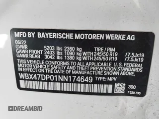 2022 BMW X3 sDrive30i with VIN WBX47DP01NN174649, listed as a IAAI auction lot 41232851 with 21,446 mi miles and . Bid and sale history available at DreamBid. Image 9.
