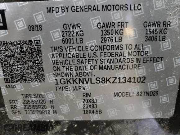 2019 GMC Acadia SLT with VIN 1GKKNVLS8KZ134102, listed as a Copart auction lot 48180795 with 77,602 mi miles and Salvage Title. Bid and sale history available at DreamBid. Image 15.