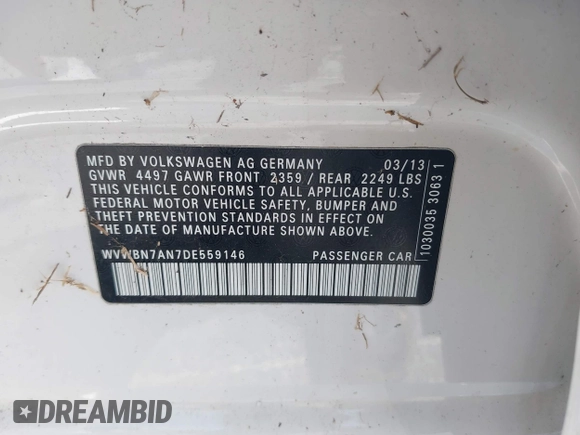 2013 Volkswagen CC Sport with VIN WVWBN7AN7DE559146, listed as a IAAI auction lot 42229896 with 152,058 mi miles and . Bid and sale history available at DreamBid. Image 9.