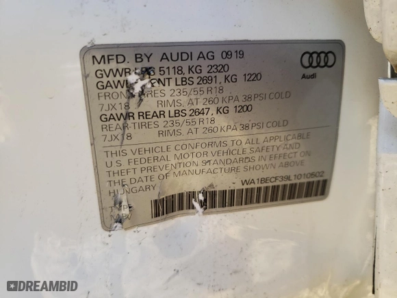 2020 Audi Q3 Premium Plus with VIN WA1BECF39L1010502, listed as a Copart auction lot 85604974 with 59,465 mi miles and Salvage Title. Bid and sale history available at carsss.com. Image 15.