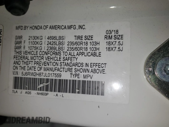 2018 Honda CR-V EX-L with VIN 5J6RW2H87JL017559, listed as a Copart auction lot 46230535 with 121,419 mi miles and Salvage Title. Bid and sale history available at DreamBid. Image 15.