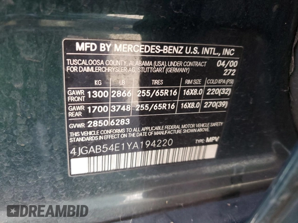 2000 Mercedes-Benz M-Class with VIN 4JGAB54E1YA194220, listed as a Copart auction lot 78433324 with 125,405 mi miles and Salvage Title. Bid and sale history available at carsss.com. Image 13.