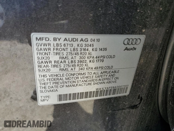 2010 Audi Q7 Premium Plus с VIN WA1LYAFE8AD007359, выставлен на аукционе Copart как лот 59282955 с пробегом 130 496 миль миль и Чистый • Clean title. История ставок и продаж доступна на DreamBid. Изображение 13.