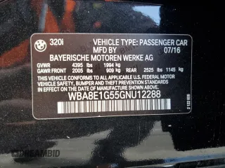2016 BMW 3 Series 320i with VIN WBA8E1G55GNU12288, listed as a Copart auction lot 42396055 with 140,158 mi miles and Salvage Title. Bid and sale history available at DreamBid. Image 12.