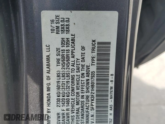 2017 Honda Ridgeline Sport+ with VIN 5FPYK3F21HB017935, listed as a Copart auction lot 67697704 with 110,378 mi miles and Salvage title. Bid and sale history available at DreamBid. Image 12.