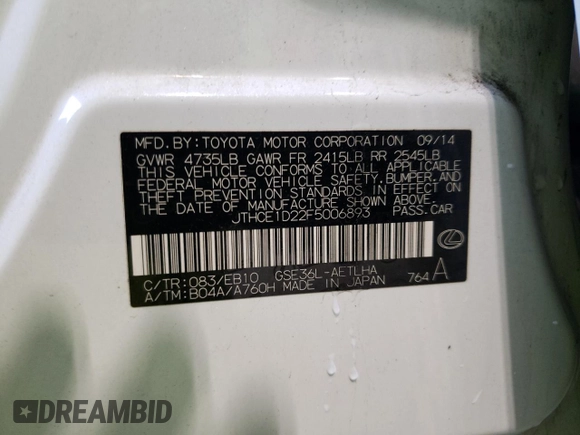 2015 Lexus IS 350 with VIN JTHCE1D22F5006893, listed as a Copart auction lot 52001015 with 53,253 mi miles and Salvage Title. Bid and sale history available at carsss.com. Image 12.