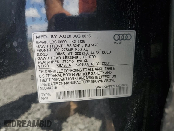 2015 Audi Q7 S line Prestige with VIN WA1DGAFE1FD031906, listed as a Copart auction lot 56701145 with 92,674 mi miles and Salvage title. Bid and sale history available at DreamBid. Image 13.