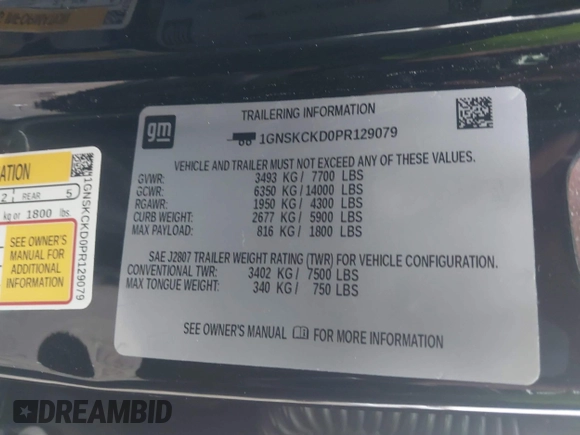 2023 Chevrolet Suburban LT with VIN 1GNSKCKD0PR129079, listed as a IAAI auction lot 41547855 with 158,820 mi miles and . Bid and sale history available at DreamBid. Image 9.