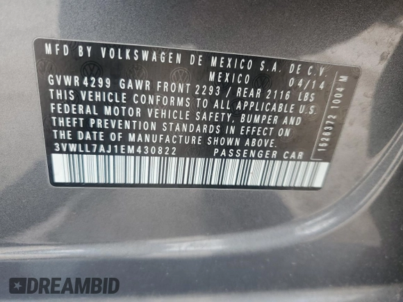 2014 Volkswagen Jetta TDI w/Premium/Nav z VIN 3VWLL7AJ1EM430822, wystawiony jako Copart lot #57405845 z przebiegiem 112 178 mil mil oraz Szkoda całkowita • Salvage title. Historia ofert i sprzedaży dostępna na DreamBid. Obrazek 12.