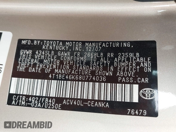 2008 Toyota Camry LE z VIN 4T1BE46K68U774036, wystawiony jako IAAI lot #42349132 z przebiegiem 213 721 mil mil oraz . Historia ofert i sprzedaży dostępna na DreamBid. Obrazek 9.