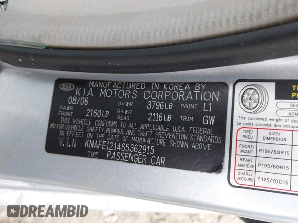 2006 Kia Spectra EX z VIN KNAFE121465362915, wystawiony jako IAAI lot #42367012 z przebiegiem 137 295 mil mil oraz . Historia ofert i sprzedaży dostępna na DreamBid. Obrazek 9.
