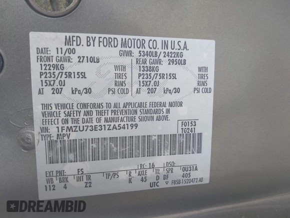 2001 Ford Explorer XLT z VIN 1FMZU73E31ZA54199, wystawiony jako IAAI lot #41436931 z przebiegiem 212 087 mil mil oraz . Historia ofert i sprzedaży dostępna na DreamBid. Obrazek 9.