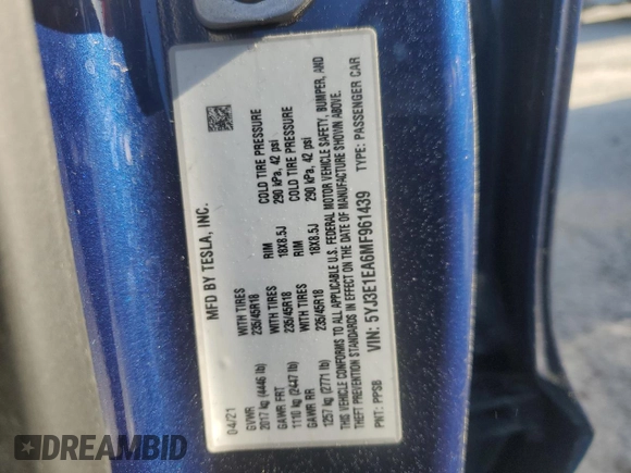2021 Tesla Model 3 Standard Range Plus z VIN 5YJ3E1EA6MF961439, wystawiony jako Copart lot #49825655 z przebiegiem 38 355 mil mil oraz Szkody całkowita. Historia ofert i sprzedaży dostępna na DreamBid. Obrazek 12.