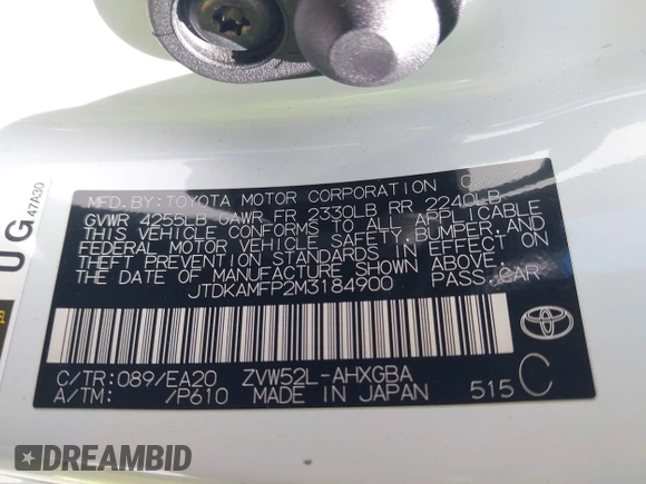 2021 Toyota Prius LE with VIN JTDKAMFP2M3184900, listed as a IAAI auction lot 42014569 with 81,563 mi miles and . Bid and sale history available at DreamBid. Image 9.
