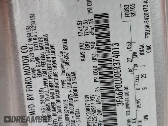 2014 Ford Fusion SE Hybrid с VIN 3FA6P0LU0ER374013, выставлен на аукционе Copart как лот 57494135 с пробегом Не указан миль и Списание • Salvage title. История ставок и продаж доступна на DreamBid. Изображение 13.