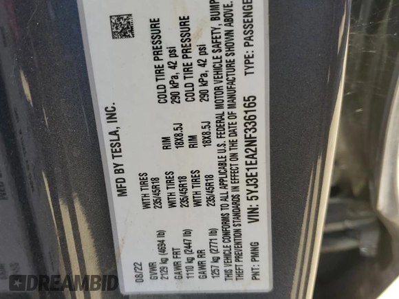 2022 Tesla Model 3 z VIN 5YJ3E1EA2NF336165, wystawiony jako Copart lot #80166114 z przebiegiem 23 097 mil mil oraz Szkoda całkowita • Salvage title. Historia ofert i sprzedaży dostępna na DreamBid. Obrazek 15.