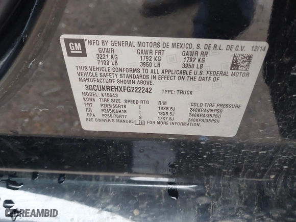 2015 Chevrolet Silverado 1500 LT with VIN 3GCUKREHXFG222242, listed as a IAAI auction lot 41572445 with 168,674 mi miles. Bid and sale history available at carsss.com. Image 9.