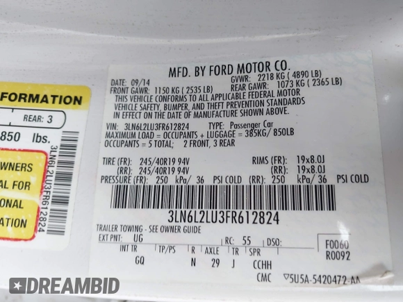 2015 Lincoln MKZ Hybrid with VIN 3LN6L2LU3FR612824, listed as a IAAI auction lot 41475840 with 122,499 mi miles and . Bid and sale history available at DreamBid. Image 9.