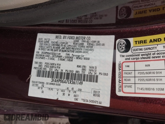 2012 Ford Fusion S with VIN 3FAHP0GA7CR361149, listed as a IAAI auction lot 42113099 with 75,495 mi miles and . Bid and sale history available at carsss.com. Image 9.