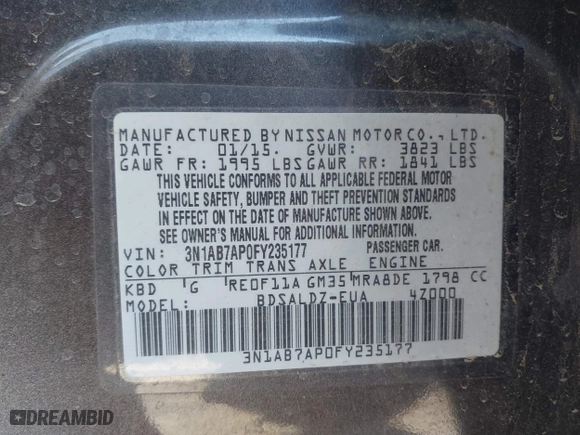 2015 Nissan Sentra S with VIN 3N1AB7AP0FY235177, listed as a IAAI auction lot 41406262 with 97,570 mi miles. Bid and sale history available at carsss.com. Image 9.