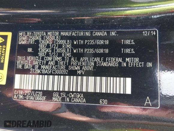 2015 Lexus RX 350 with VIN 2T2BK1BA5FC300092, listed as a IAAI auction lot 42123641 with 174,970 mi miles and . Bid and sale history available at DreamBid. Image 9.