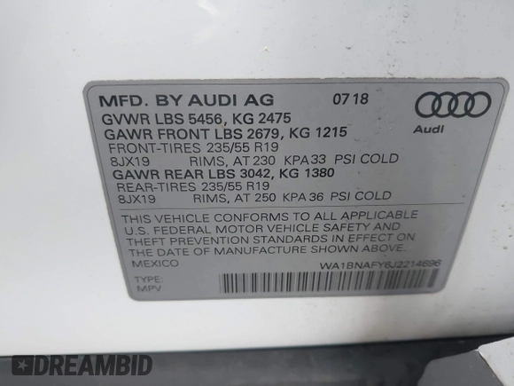 2018 Audi Q5 Premium Plus z VIN WA1BNAFY6J2214696, wystawiony jako IAAI lot #42350132 z przebiegiem 54 550 mil mil oraz . Historia ofert i sprzedaży dostępna na DreamBid. Obrazek 9.