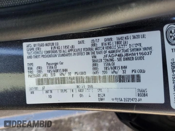 2017 Ford Fiesta SE with VIN 3FADP4BJ8HM116037, listed as a Copart auction lot 46684015 with 100,909 mi miles and Salvage Title. Bid and sale history available at DreamBid. Image 14.