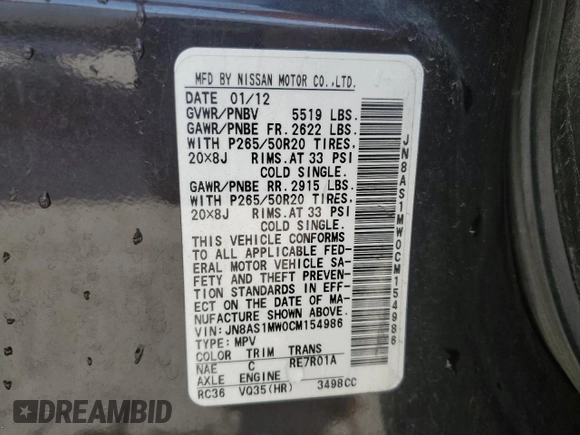 2012 Infiniti FX with VIN JN8AS1MW0CM154986, listed as a Copart auction lot 52563955 with 145,113 mi miles and Non repairable. Bid and sale history available at DreamBid. Image 14.