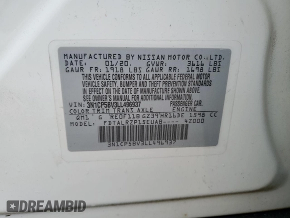 2020 Nissan Kicks S z VIN 3N1CP5BV3LL496937, wystawiony jako Copart lot #76772034 z przebiegiem Nie podano mil oraz Nie do naprawy • Non repairable. Historia ofert i sprzedaży dostępna na DreamBid. Obrazek 14.