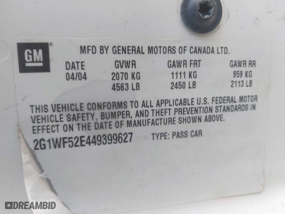2004 Chevrolet Impala with VIN 2G1WF52E449399627, listed as a IAAI auction lot 41439065 with 1 mi miles. Bid and sale history available at carsss.com. Image 9.
