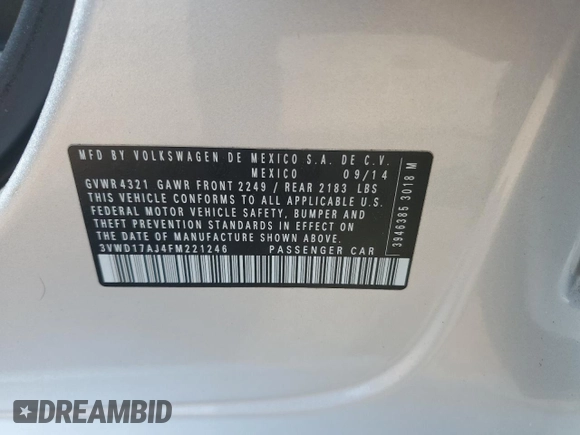 2015 Volkswagen Jetta SE z VIN 3VWD17AJ4FM221246, wystawiony jako Copart lot #54321255 z przebiegiem 172 906 mil mil oraz Szkoda całkowita • Salvage title. Historia ofert i sprzedaży dostępna na DreamBid. Obrazek 12.