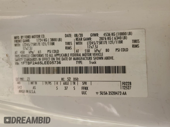 2020 Ford F-250 XL with VIN 1FTBF2A65LEE05736, listed as a Copart auction lot 44045375 with 111,128 mi miles and Salvage title. Bid and sale history available at DreamBid. Image 13.