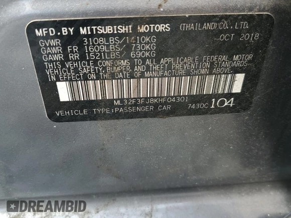 2019 Mitsubishi Mirage ES with VIN ML32F3FJ8KHF04301, listed as a Copart auction lot 56006405 with 83,055 mi miles and Non repairable. Bid and sale history available at DreamBid. Image 12.